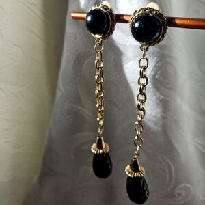 Vintage Runway Black Glass Bead Gold Chain Link Dangle Earrings